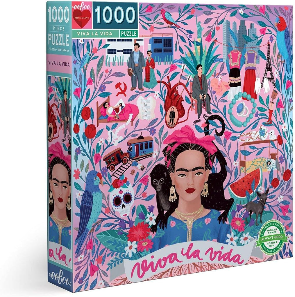  eeBoo Piece and Love Viva la Vida: A Tribute to Frida Kahlo Jigsaw Puzzle. 1000-piece square puzzle featuring a colorful illustration inspired by the life and work of Mexican artist Frida Kahlo. Includes bold colors and iconic imagery from Kahlo's paintings. Made with high-quality materials for a satisfying puzzle experience.