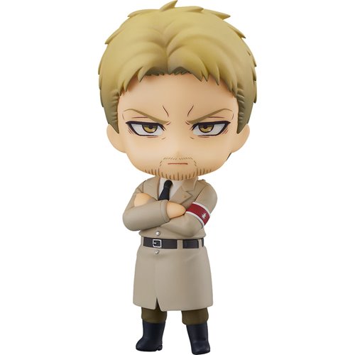  Attack on Titan Reiner Braun Nendoroid action figure by Good Smile Company. Fully posable figure of Reiner Braun from the popular anime series Attack on Titan. Includes three face plates to capture different expressions, a rifle, and a text plate that reads "Gotta marry her" in Japanese. Stands approximately 100mm tall.