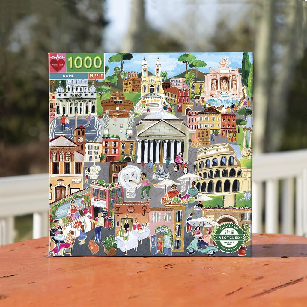 eeBoo 1000-piece jigsaw puzzle showcasing the beauty of Rome. Features a collage of iconic landmarks, bustling city life, and hidden details that capture the essence of the Eternal City. Made with recycled materials and high-quality finishes.