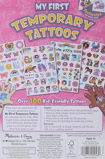 Back side of Melissa & Doug temporary tattoos Pack