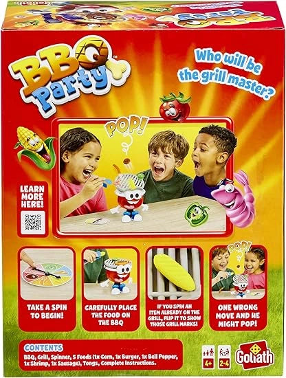 Back side of 'BBQ Party' game box  with children playing and text on a red background