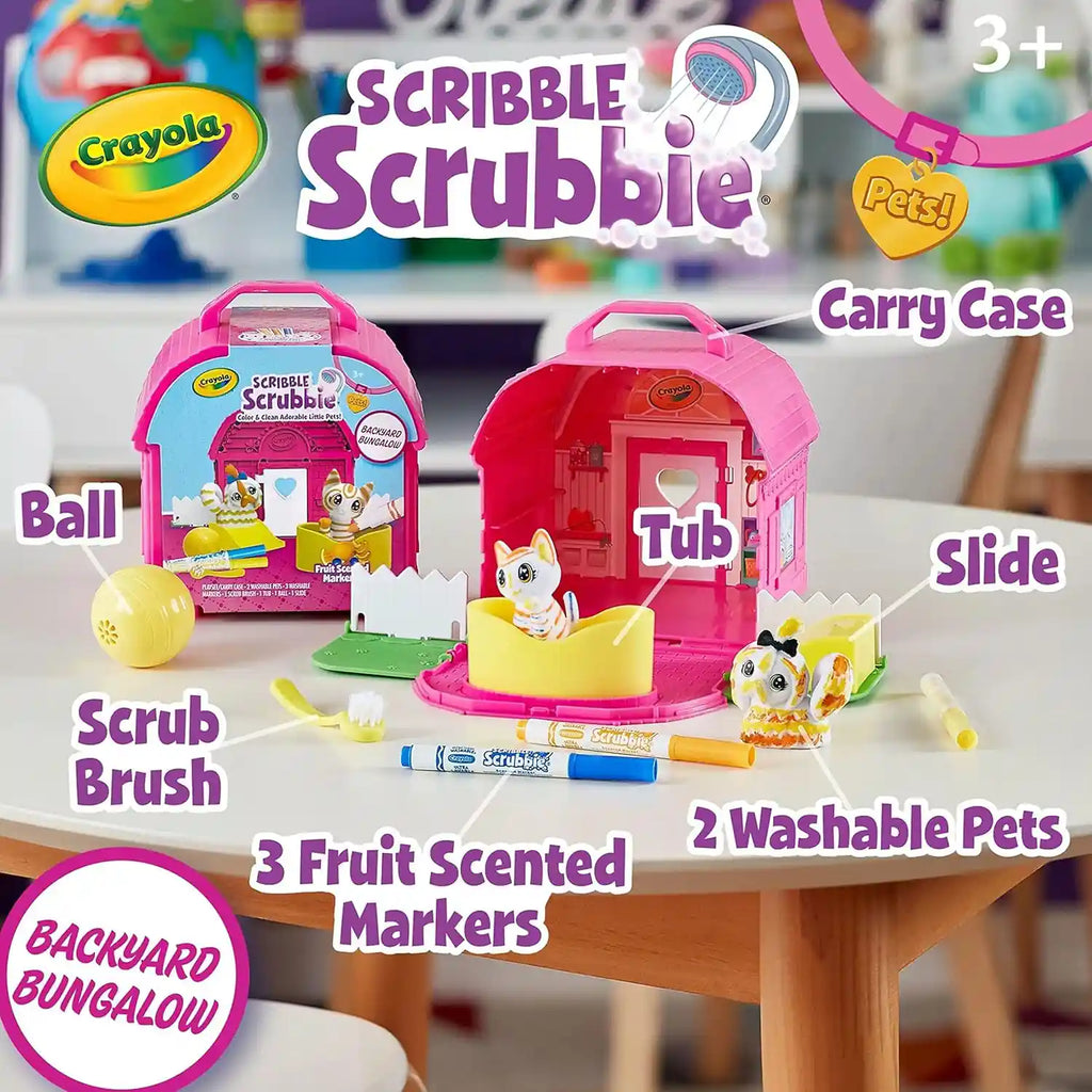 Crayola Scribble Scrubbie toy set with various components on a table