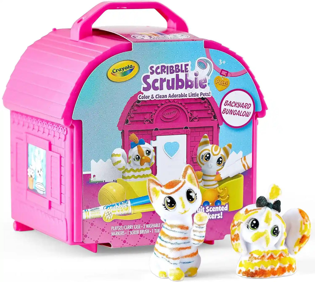 Crayola Scribble Scrubbie Backyard Bungalow toy set with pink carrying case on a white background