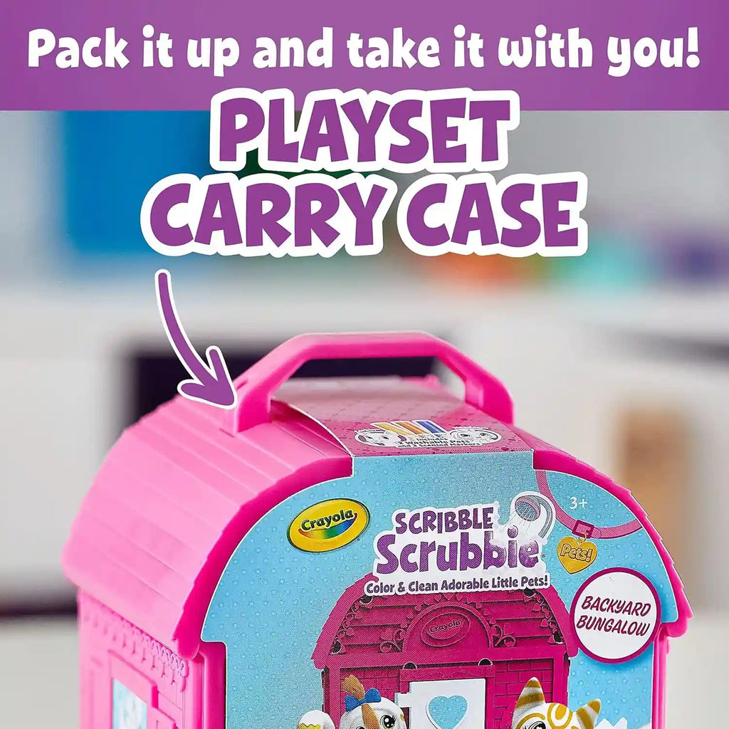 Pink Crayola Scribble Scrubbie playset carry case with text 'Pack it up and take it with you! Playset Carry Case'.