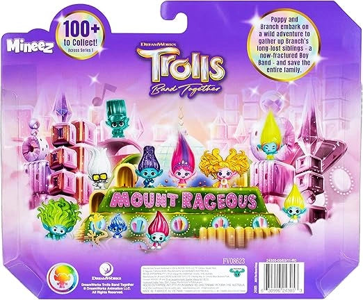 Trolls toy set packaging with characters and castle-like structures on a purple background