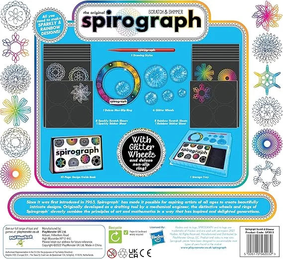 Spirograph set with packaging featuring various geometric designs.