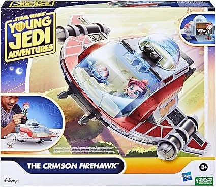 Toy spaceship packaging for 'The Crimson Firehawk' from 'Young Jedi Adventures' with a child playing with the toy.
