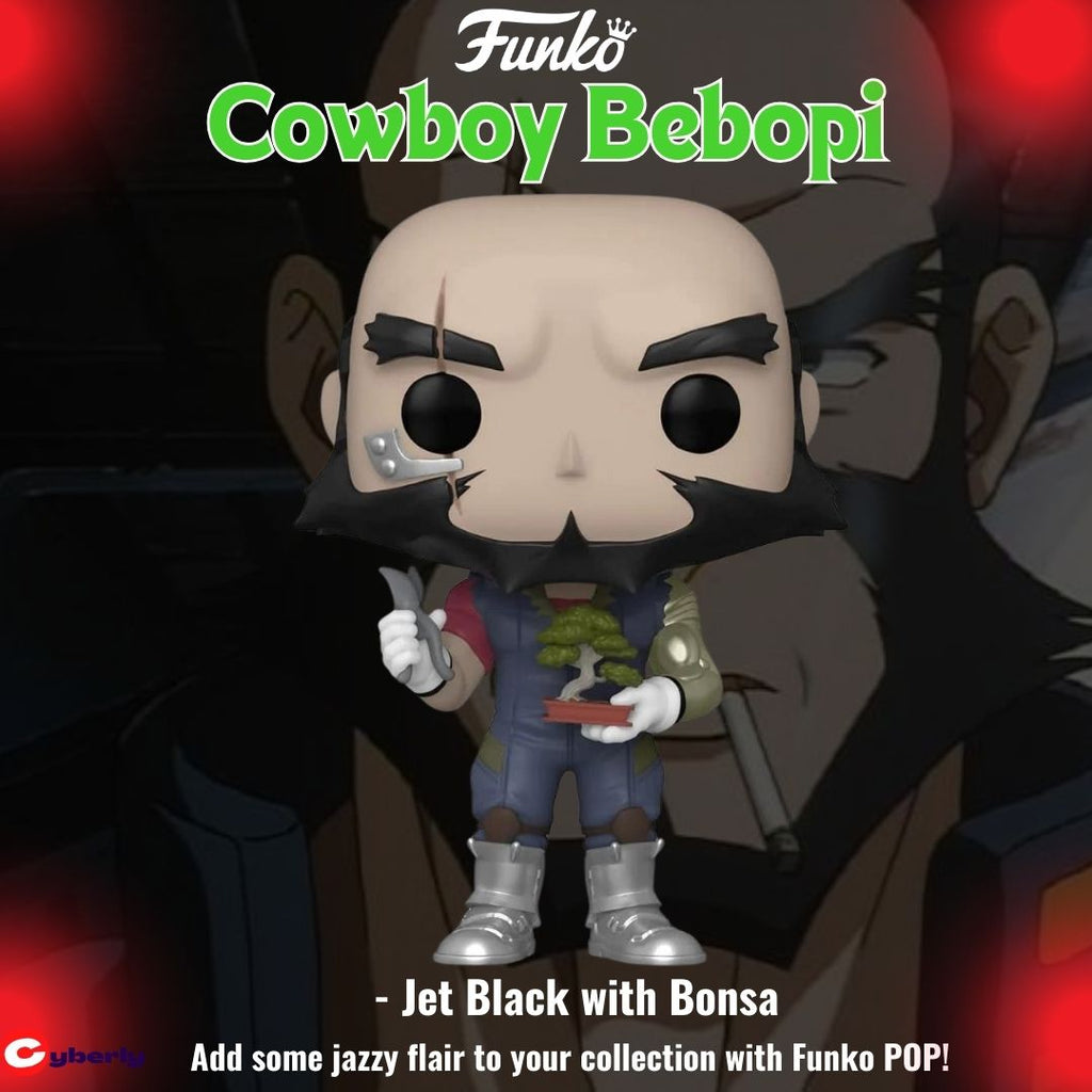 "Funko POP! Animation: Cowboy Bebop - Jet Black with Bonsai. This vinyl figure features Jet Black from the popular anime series Cowboy Bebop, holding his iconic bonsai plant. A must-have collectible for fans of the show."