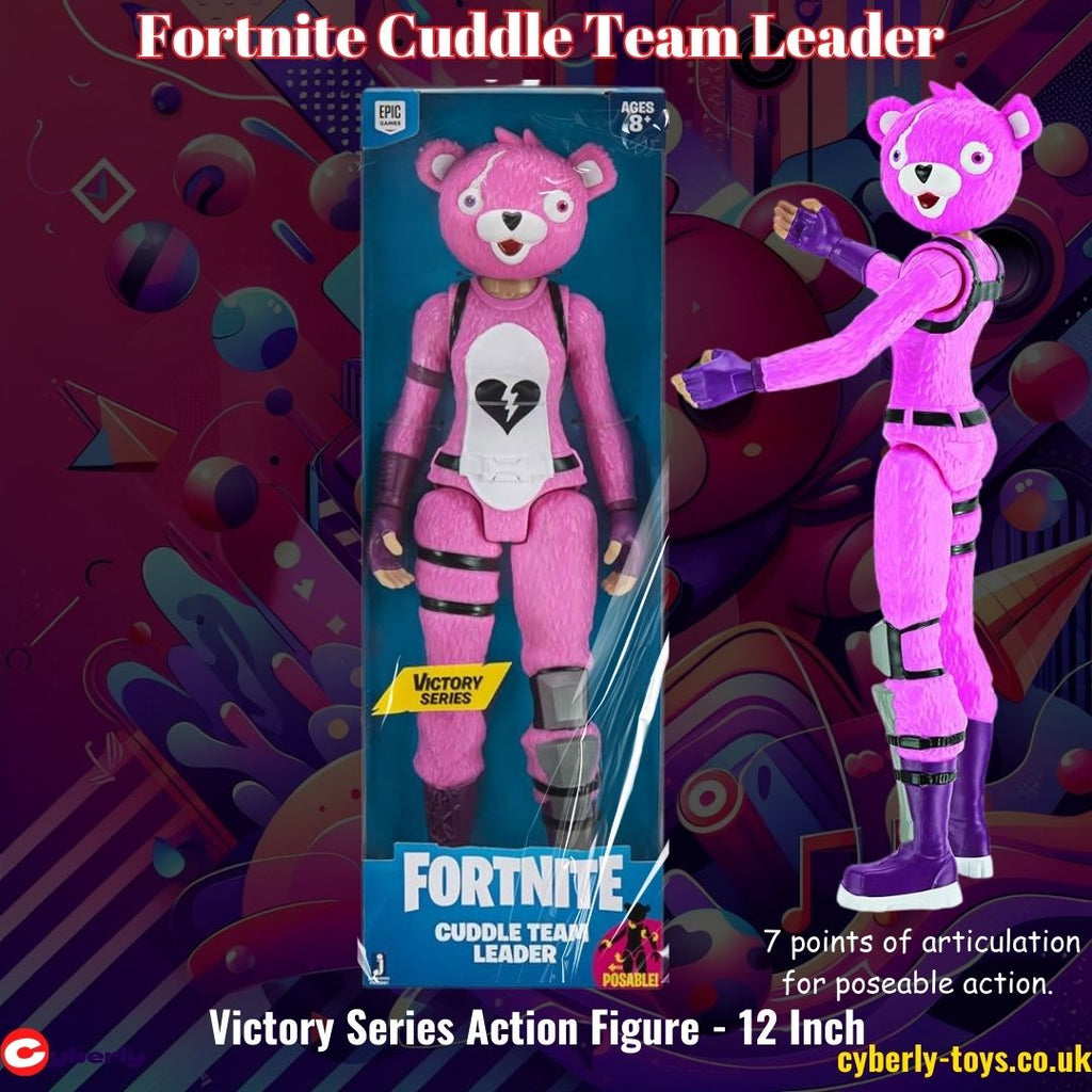 12-inch action figure of Fortnite's Cuddle Team Leader character, part of the Victory Series. The figure features vibrant colors, a heart-shaped face, and cuddly attire, perfect for fans of the game."