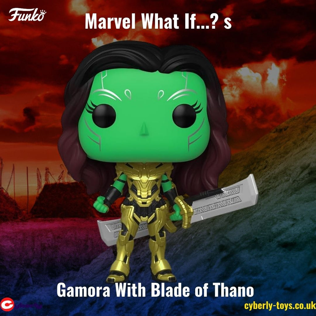 "Funko POP! Marvel What If...? Gamora With Blade of Thanos. This vinyl figure depicts Gamora from the Marvel What If...? series, wielding the Blade of Thanos. A collectible for fans of the alternate universe stories in the Marvel universe."