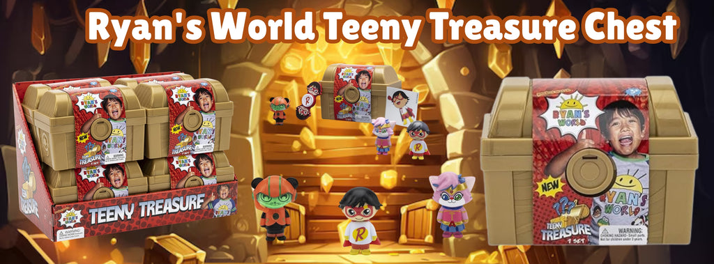 Ryan's World Teeny Treasure Chest with toys and packaging on a dark background
