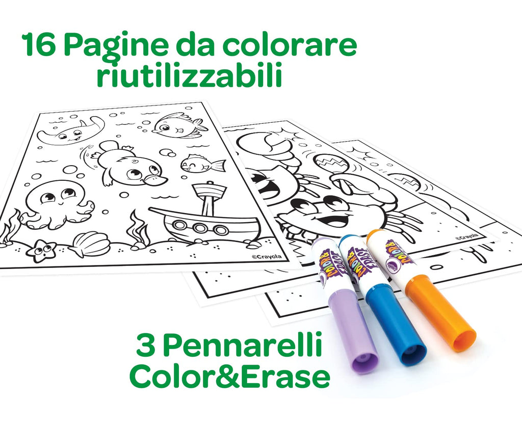 Reusable pages of Crayola Color & Recolor Album featuring fun, colorful designs