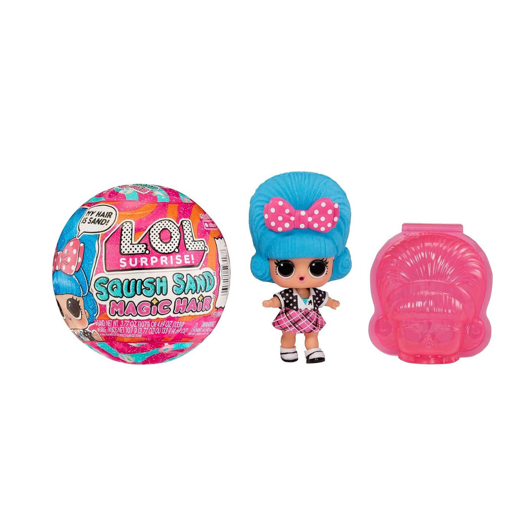 A vibrant image of the L.O.L. Surprise Squish Sand Magic Hair Tots collectible doll, featuring its unique, colorful hairstyle made from squishable sand. 
