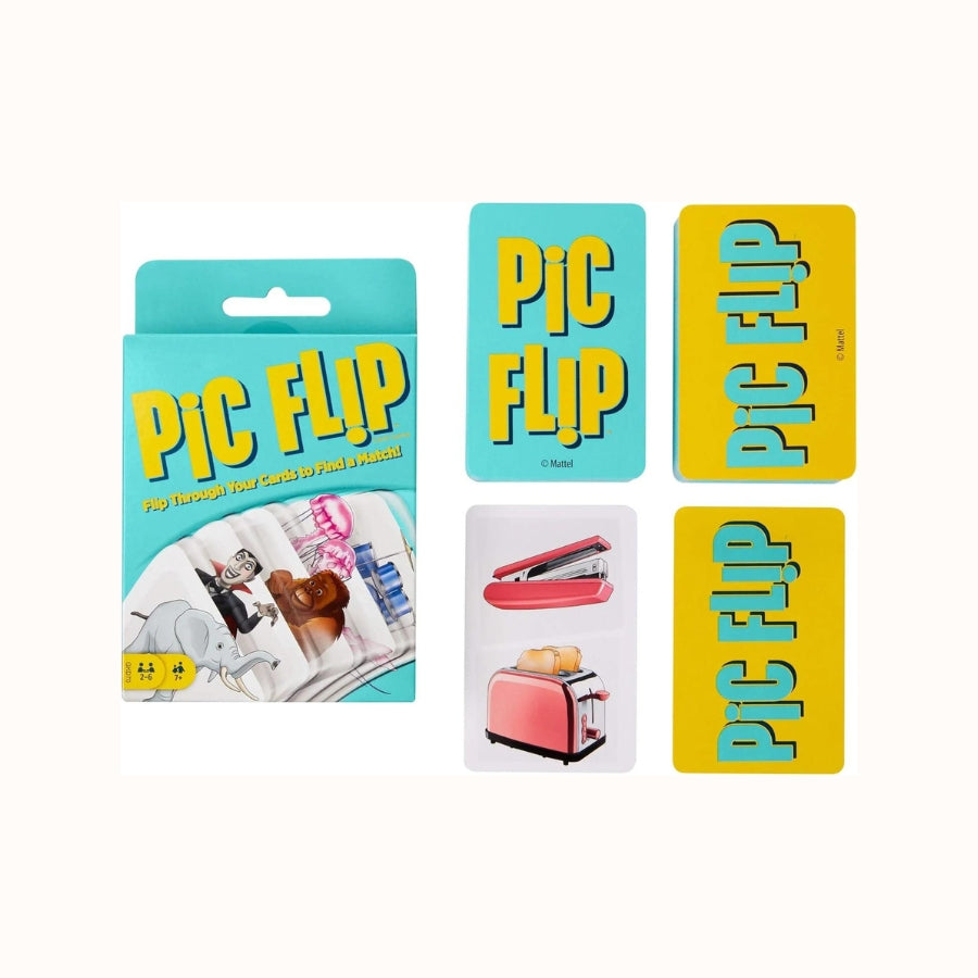 Pic Flip by Mattel Games. Fast-paced matching card game for 2-6 players ages 7 and up. Flip through your cards to find matching pictures and be the first to get rid of your hand!