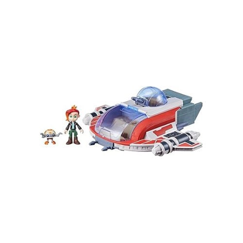 The crimson firehawk Toy spaceship and figure on a white background
