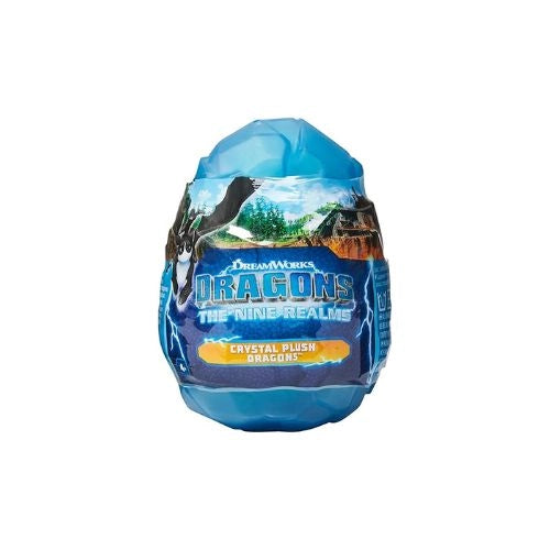 Blue toy egg packaging with 'DreamWorks Dragons' branding on a white background