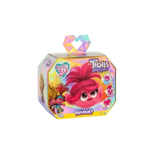 Trolls toy packaging with a character featuring pink hair on a white background