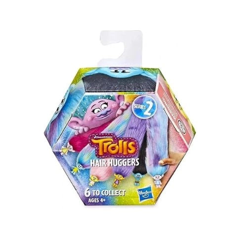 Trolls Hair Huggers toy packaging with character illustration on a white background
