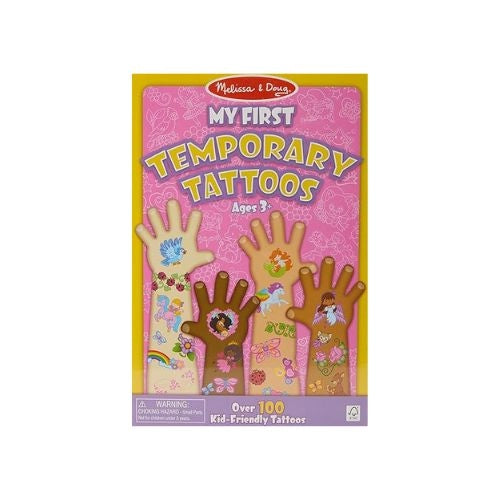 Melissa & Doug temporary tattoos packaging with colorful designs on a white background