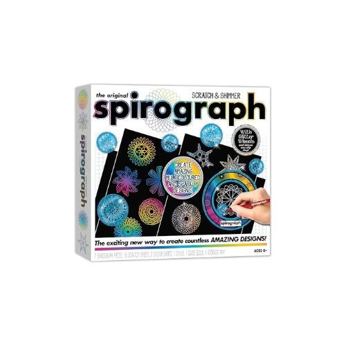 Spirograph packaging with colorful designs on a white background