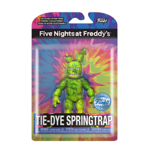 Funko Five Nights at Freddy's Tie-Dye Springtrap action figure. Vibrant, tie-dye colored figure of the monstrous Springtrap animatronic character from the popular Five Nights at Freddy's horror video game series. The figure is approximately 5 inches tall and has multiple points of articulation for poseable fun. Officially licensed Funko merchandise.