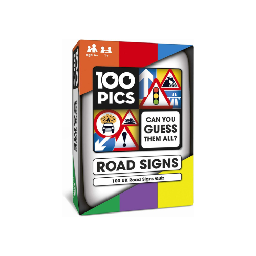 100 PICS Road Signs Game box. Pocket-sized box with colorful design featuring various road signs.