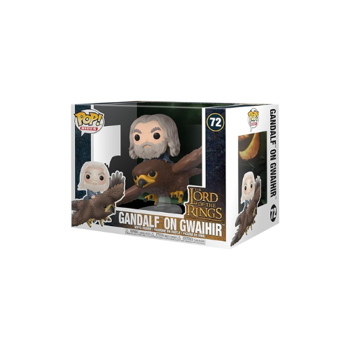 Funko POP! Rides collectible featuring Gandalf the Grey riding on the back of Gwaihir, the Wind Lord, a giant eagle from the Lord of the Rings trilogy. This vinyl figure depicts Gandalf in his grey robes and hat, holding his staff. Gwaihir is a majestic eagle with brown and white feathers, outstretched wings, and a determined expression. This collectible is a great gift for fans of the Lord of the Rings and Funko POP! figures. Stands around 6-inches tall.