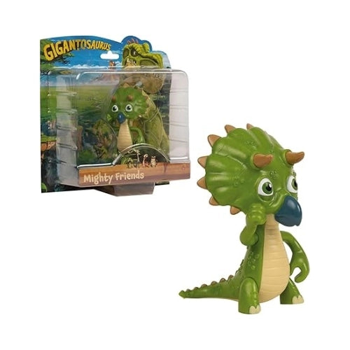Green dinosaur toy with packaging labeled 'Gigantosaurus Mighty Friends' on a white background