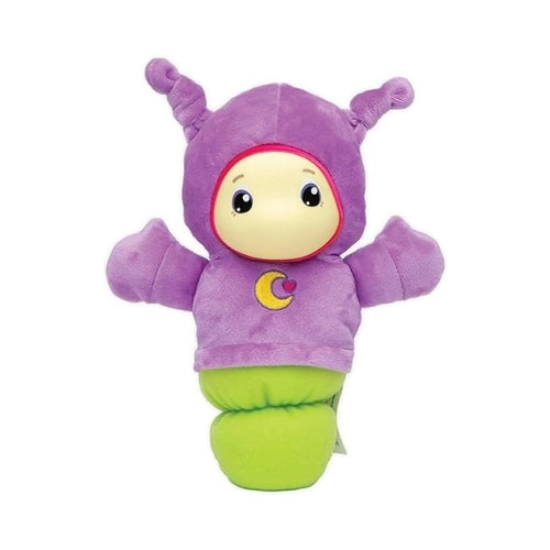 Playskool Lullaby Gloworm Plush toy in a purple costume with a moon design on a white background