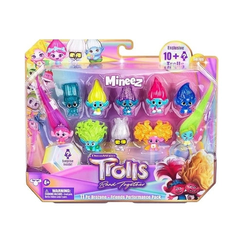 Packaged toy figures with colorful packaging featuring 'Trolls mineez band together' branding.