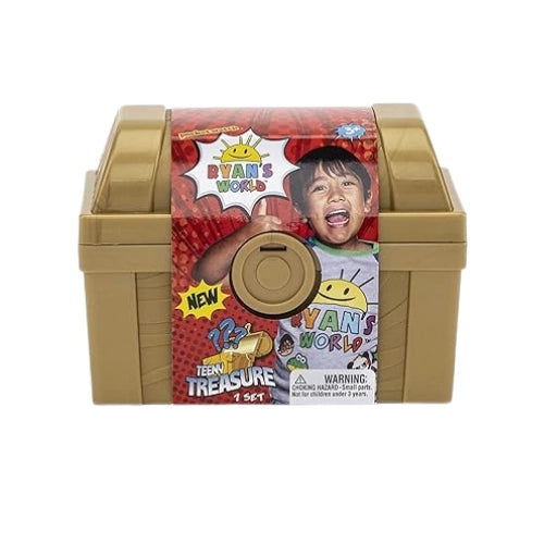 Gold toy treasure chest with 'Ryan's World Teeny Treasure Chest' packaging featuring a child's face.