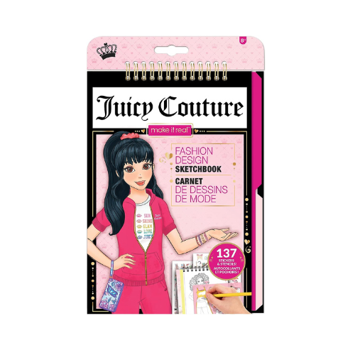 Juicy Couture Creative Fashion Sketchbook by Make It Real. Fashion design kit for girls ages 6 and up. Includes a sketchbook filled with templates, stencils of trendy clothing designs, and fun Juicy Couture stickers. This kit allows girls to unleash their creativity and design their own fashion collections.