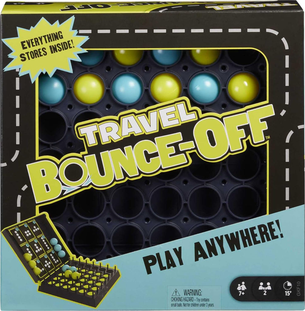 Mattel Games Travel Bounce-Off. Portable and fun tabletop game for 2-4 players ages 4 and up. Quick and easy to set up, perfect for travel or on-the-go fun. Players use paddles to bounce balls into their scoring zone. The first player to score 3 points wins the round.
