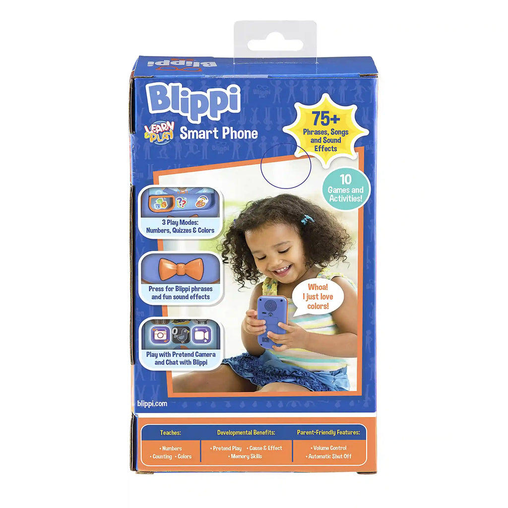 A little girl is happily playing with ekids blippi phone