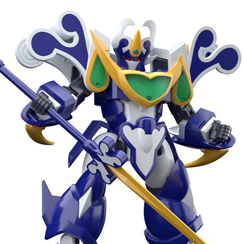 Plastic model kit of the Super Aquabeat mecha from the anime series "Madou King Granzort." The fully articulated model can be transformed from Face Mode to Battle Mode and includes interchangeable hand parts, a display stand, and translucent parts for the chest, shoulders, and magic circle stand. Officially licensed Good Smile Company Moderoid model kit.