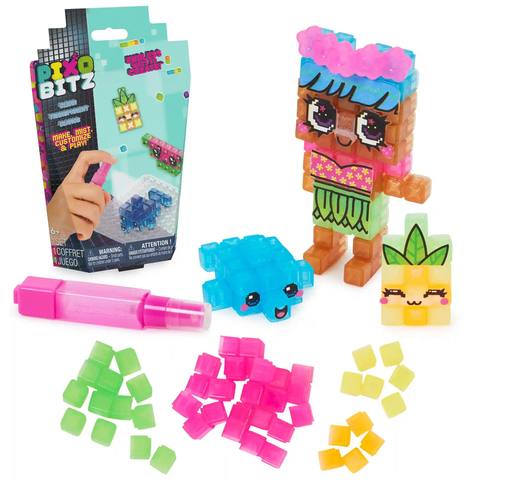 Pixobitz Transparent Set. Craft set featuring over 120 transparent shimmering cube beads and accessories