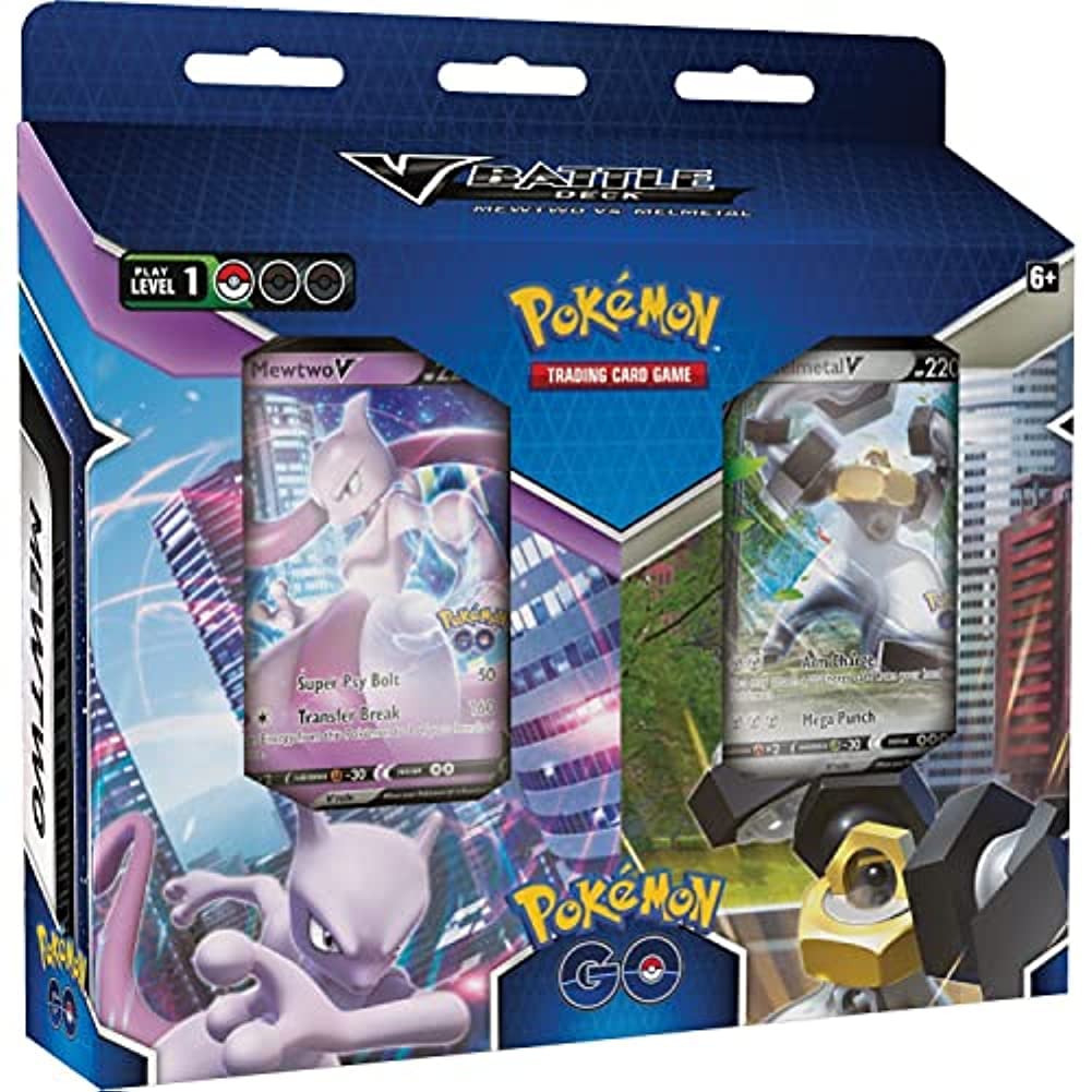  Bundle containing two ready-to-play Pokémon TCG decks: Pokémon GO V Battle Deck - Mewtwo and Pokémon GO V Battle Deck - Melmetal. Each deck includes a foil Pokémon V: Mewtwo V or Melmetal V, 11 additional Trainer cards, 2 Pokémon GO booster packs, 1 sticker sheet, 2 large metallic coins, 2 deck boxes, 2 strategy sheets, 2 single-player playmats, and 6 reference cards.