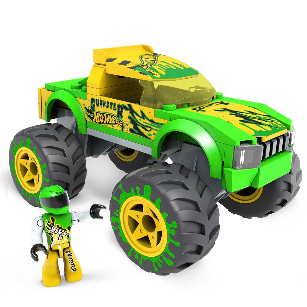 "MEGA Hot Wheels Gunkster Monster Truck Building Set with Micro Figure: Close-up of the assembled monster truck with vibrant colors and intricate details.