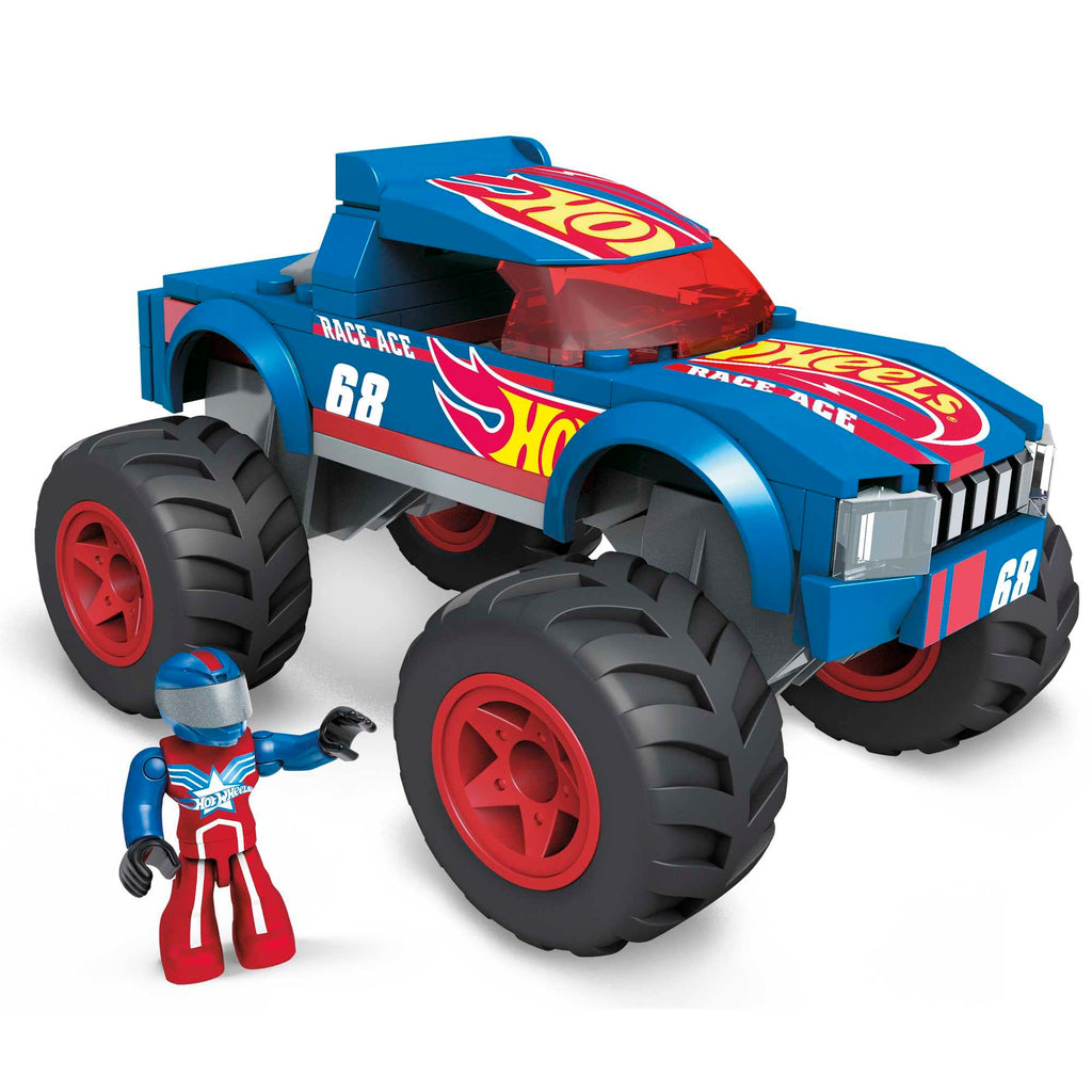 Mega Hot Wheels Race Ace Monster Truck Building Set: Close-up of the assembled monster truck with vibrant colors and detailed features