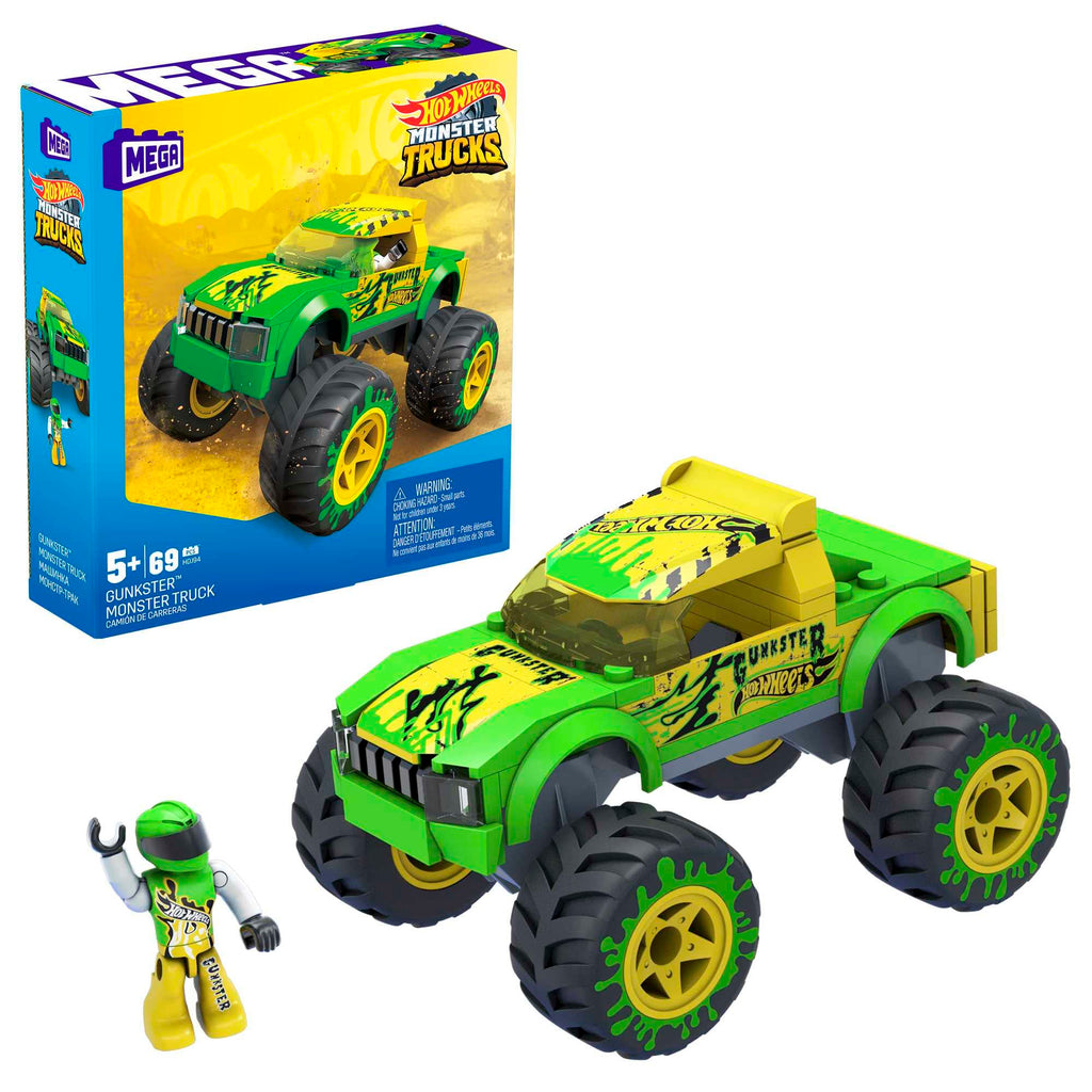 Build and customize your own Gunkster monster truck with this MEGA Hot Wheels building set! This 69-piece set includes everything you need to create a slimy green and yellow monster truck with giant wheels and a posable micro action figure driver that fits in the driver's seat. Combine this set with other MEGA Construx building sets for even more monster truck mayhem! Ages 5 and up.