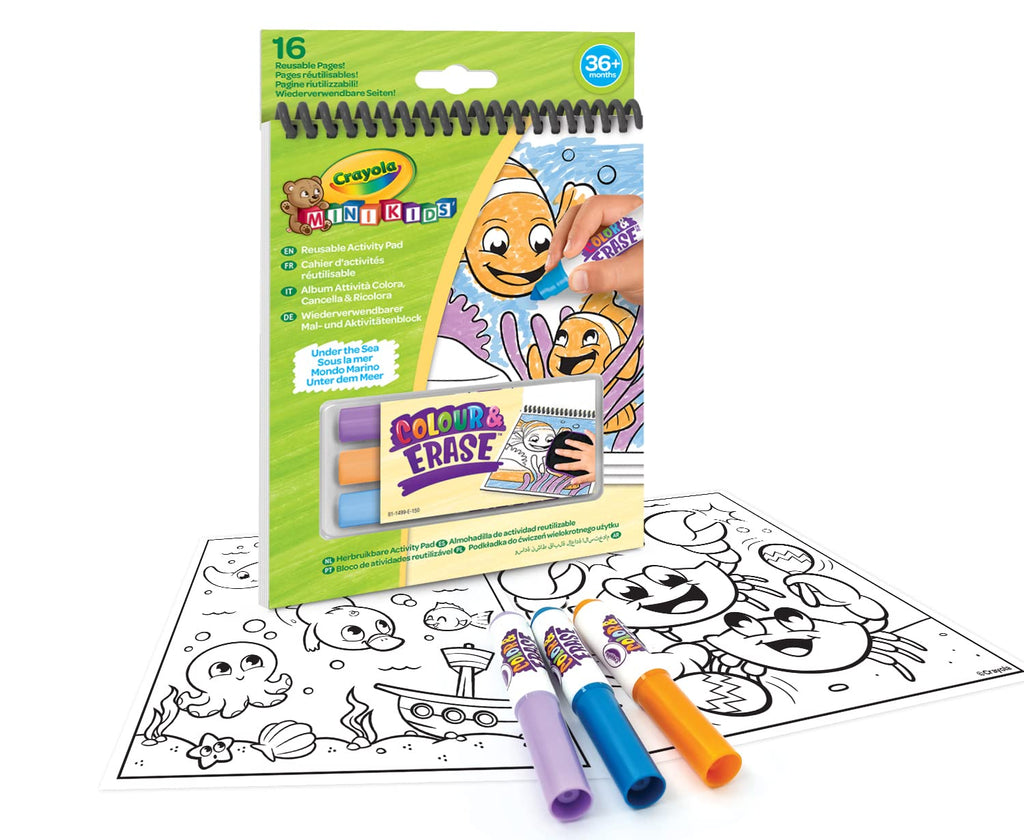 Crayola Mini Kids Color & Recolor Activity Album. Travel-sized coloring book with 16 reusable pages featuring pictures and easy learning activities. Includes 3 special markers that allow kids to color and erase their creations again and again, perfect for mess-free on-the-go fun.