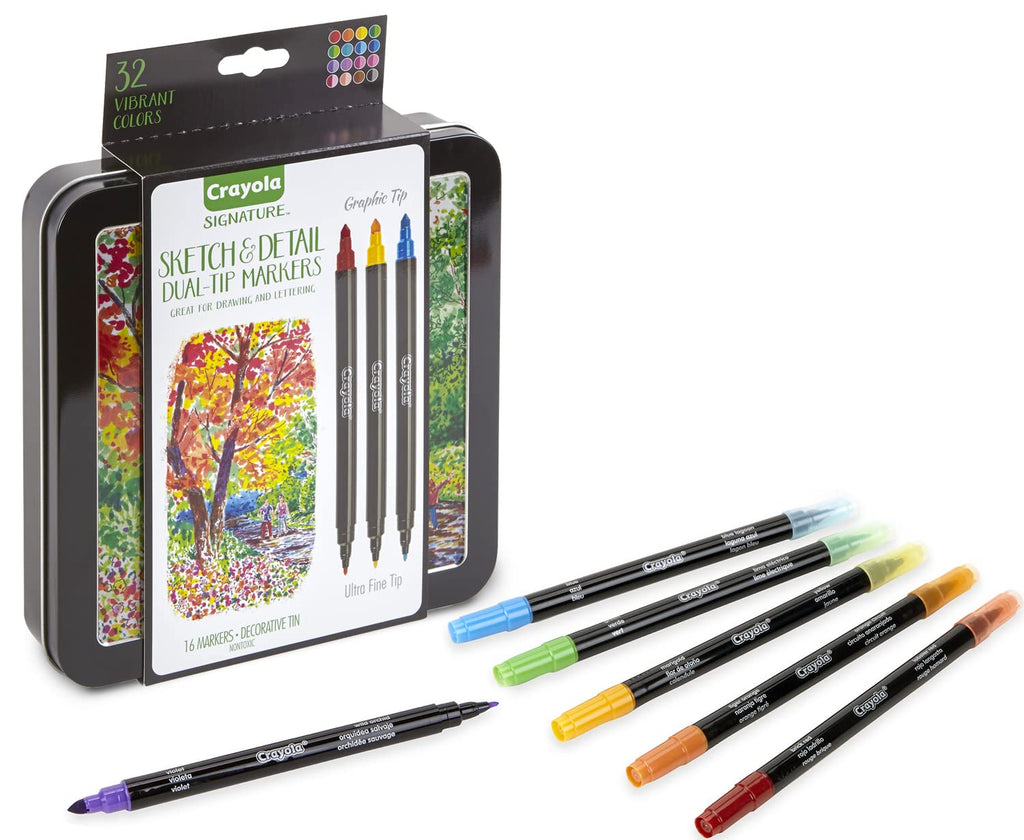 Crayola Signature Adult Marker Set. Set of 16 double-tipped markers in a variety of colors for drawing, coloring, and adult coloring enthusiasts. Includes a range of vibrant and subtle shades. Markers have a fine tip on one end for detail work and a broad chisel tip on the other end for coloring large areas.