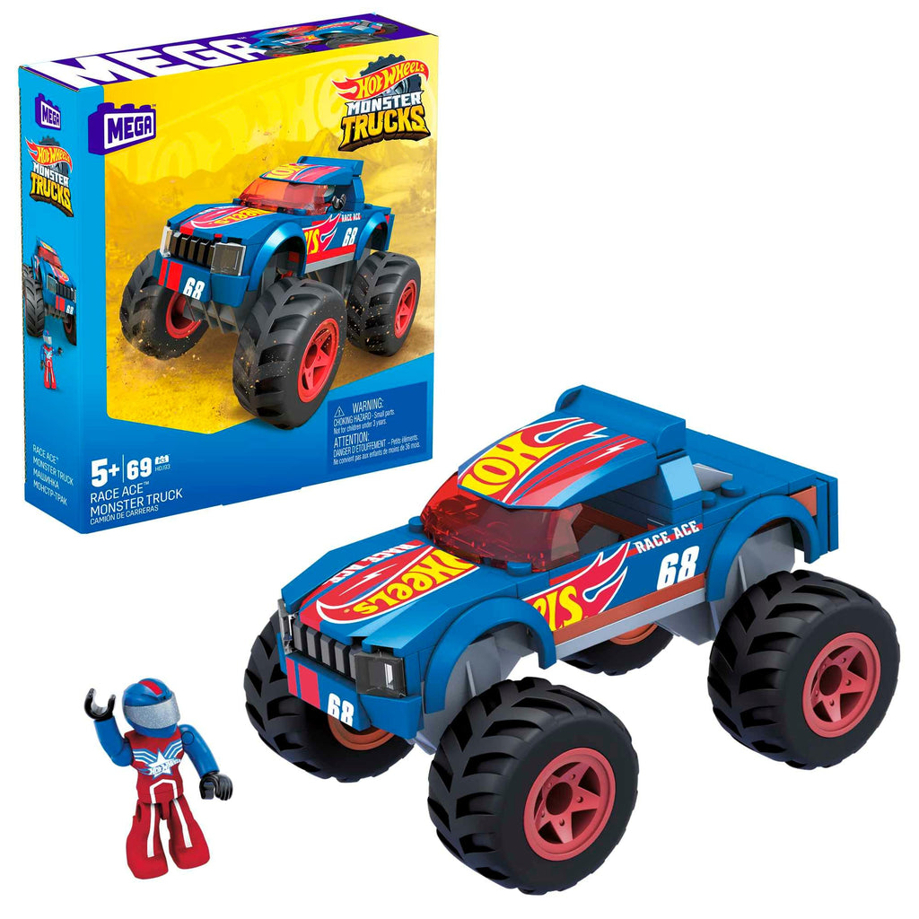  Build, race, and smash with the Mega Hot Wheels Race Ace Monster Truck building set! This action-packed set includes everything you need to construct a powerful red and blue monster truck with giant wheels, a tiny car to race against, and a track featuring a jump ramp and a finish line. Get ready for epic monster truck battles and high-speed races! Ages 5 and up