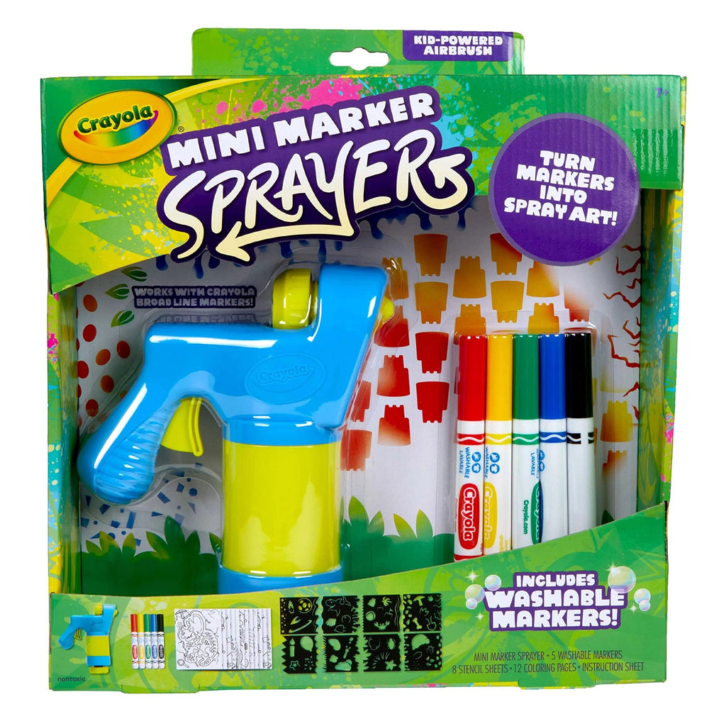  Crayola Mini Marker Sprayer Kit. Compact airbrush set designed for kids ages 7 and up. Includes a kid-powered sprayer that works with Crayola washable markers (included) to create spray art. Also comes with stencils and coloring pages for mess-free creative fun