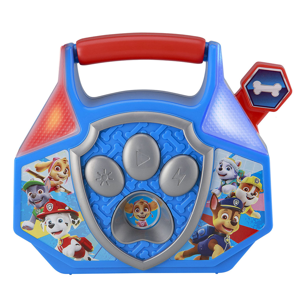  eKids PW-100 Paw Patrol Mini Boombox Bus. Shaped like the Paw Patrol team bus, this kid-friendly toy features built-in music, sound effects, and colorful flashing lights. Easy-to-use buttons play the Paw Patrol theme song, character voices, and other sounds. Perfect for young Paw Patrol fans ages 3 and up.