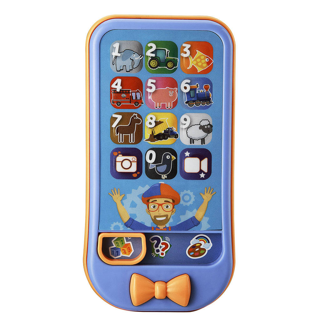 eKids BL-160 pretend play phone. Brightly colored toy phone designed for toddlers. Features buttons with lights and sounds that introduce letters, numbers, animals, and colors through engaging games and melodies. Helps develop motor skills and auditory learning in young children.